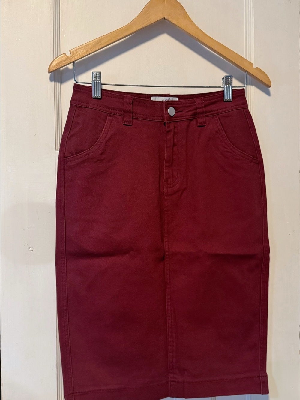 High-Rise Burgundy, Denim Pencil Skirt